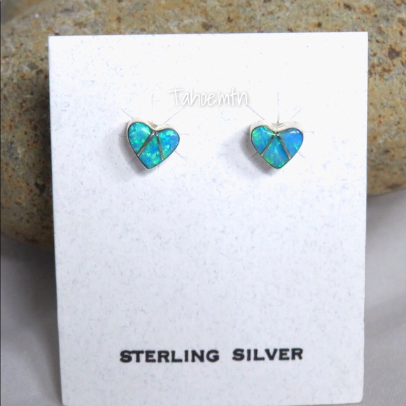 Sterling Silver Inlay Blue Lab Opal Heart Earrings - Picture 4 of 7